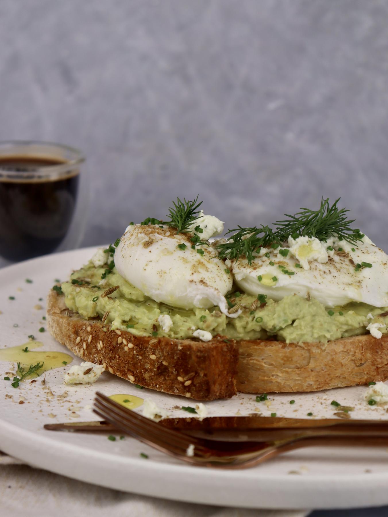 Poached Eggs with Dill Chevre Goats Cheese Smashed Avo | Tim Bone ...